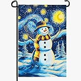 Dacawin Winter Garden Flag Santa Snowman Yard Flags Van Gogh Yard Flags Art Starry Night Sky Moon Wall Banner Xmas Blue Pine Snowfield House Banners for Happy Holiday Farmhouse Outdoor 12 x 18 Inch