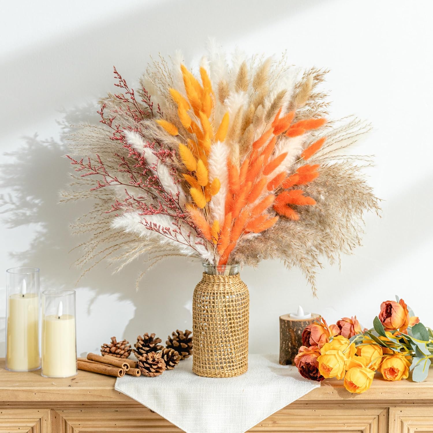 Dried & Preserved Flora - 100PCS Fall Decor Natural Pampas Grass Bouquet Decorations Home Decor Long-Lasting Dried Flowers Bouquet for Boho Home Decor