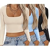 Ekouaer Womens 3 Pack Long Sleeve Crop Tops Square Neck Ribbed Slim Fitted Base Layer Basic Shirt Thermal Undershirts XS-XXL Black/Khaki/Light Blue XXL
