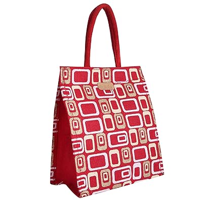 Ecotara Golden Beauty Designer Classic Printed Multipurpose Premium Quality Eco Friendly Everyday Useful Travel Bag, Office Bag, Lunch Bag, Hand Bag, Gift Bag With Closing Zipper Natural Jute Bag For Mens & Womens (11.5H X 10L) - (Red)