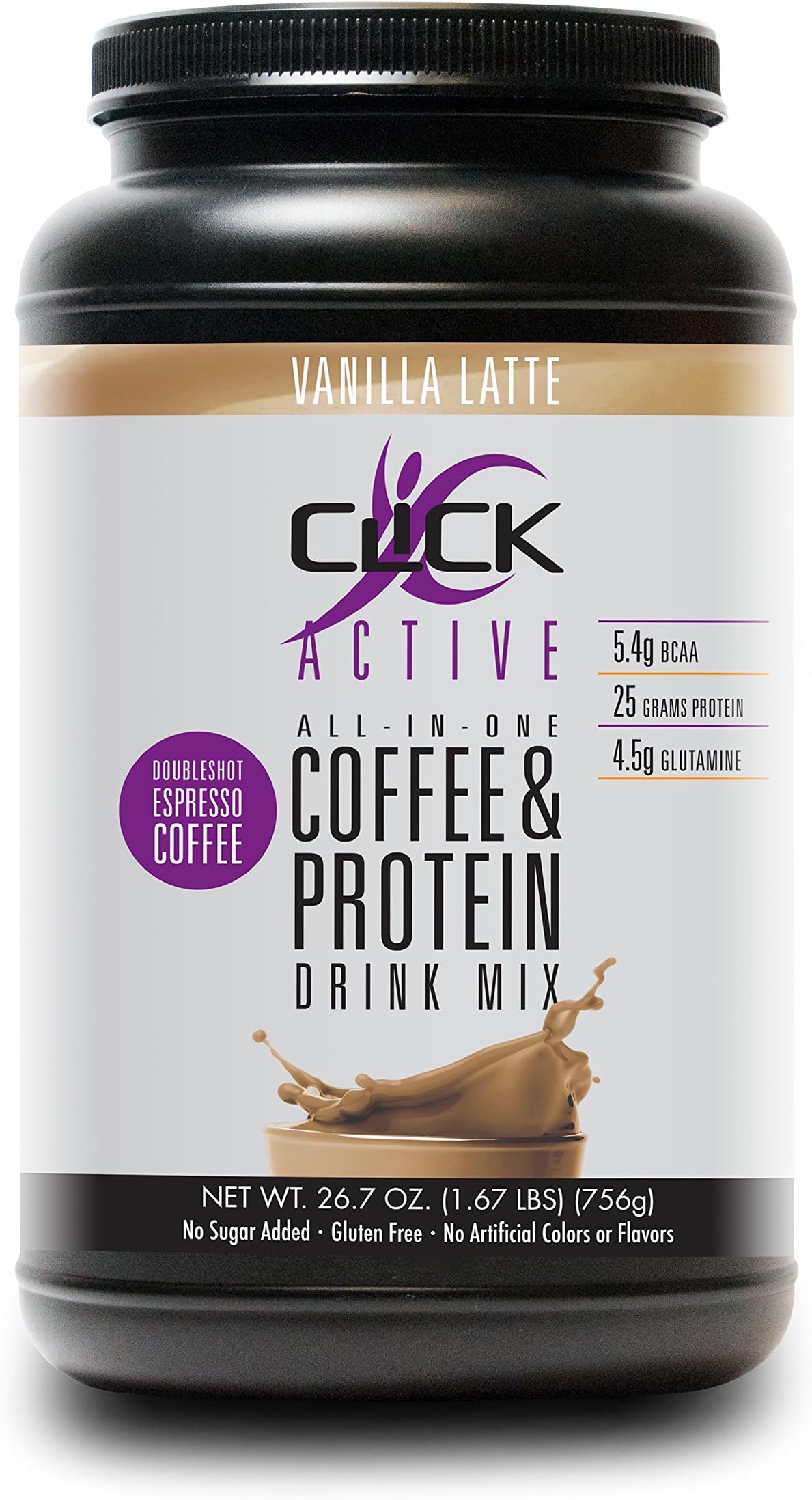 CLICK Active High Protein & Coffee Whey Isolate Casein Blend, Vanilla Latte, 26.7 Ounce, 21 Servings