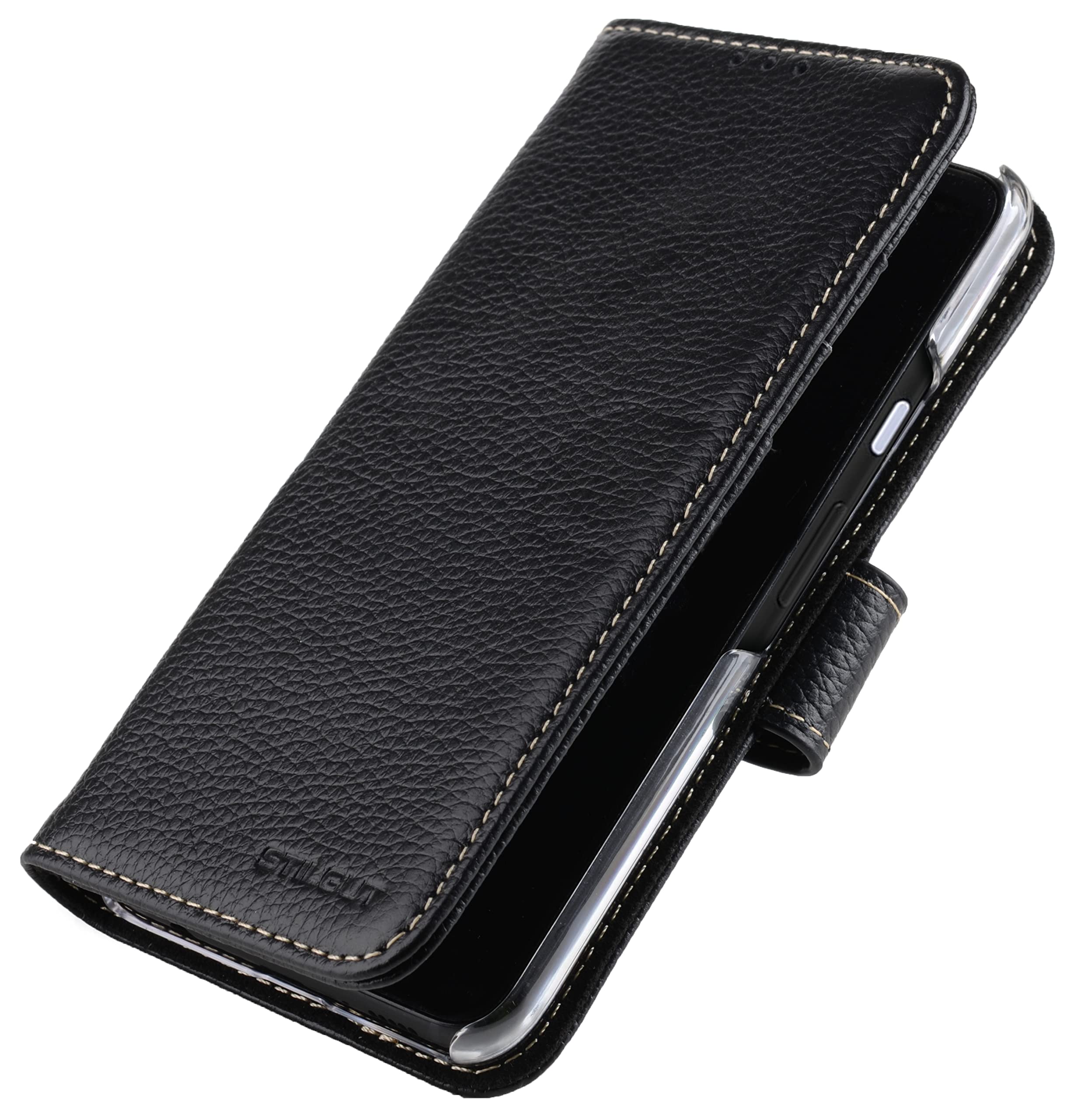 STILGUT Talis Compatible with Google Pixel 4a 4G Case with Leather Card Slot, Flip Cover, Wallet Case, Leather Case with Compartments, Stand Function & Closure - Black