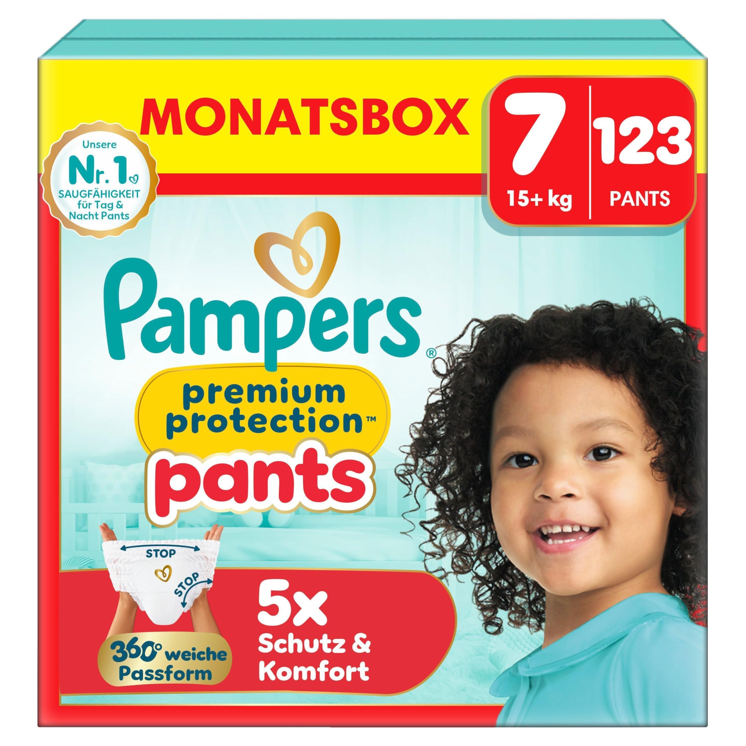 Pampers Premium Protection Pants Größe 7, 123 Windeln, 15kg+, mit 360° Passform und weichen Anti-Auslaufbündchen für unseren besten Komfort und Schutz