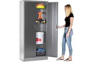 Fedmax Metal Garage Storage Cabinet - 71-inch Tall Large Steel Utility Locker with Adjustable Shelves & Locking Doors - Garage Cabinets for Tool Storage and Ammo Locker - Grey & Silver
