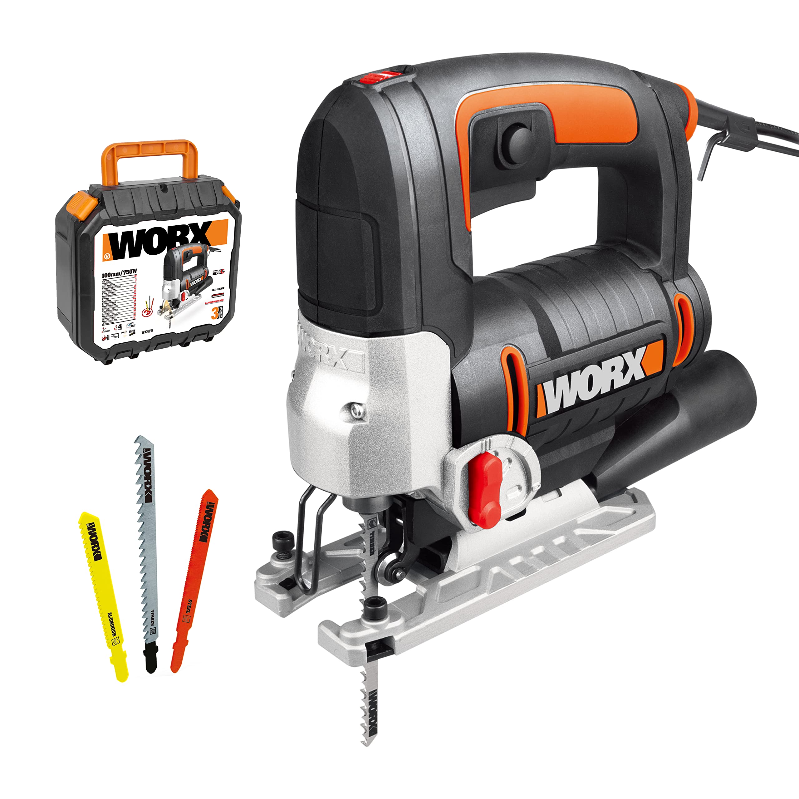 WORX WX479 750W Jigsaw,3 in one, Tool-Less Blade Change,4 Position Pendulum,Straight&Bevel&curvilinear Cutting, LED Light, Compact, Blade&Spanner&dust Tube&Foot Plate Protection Included