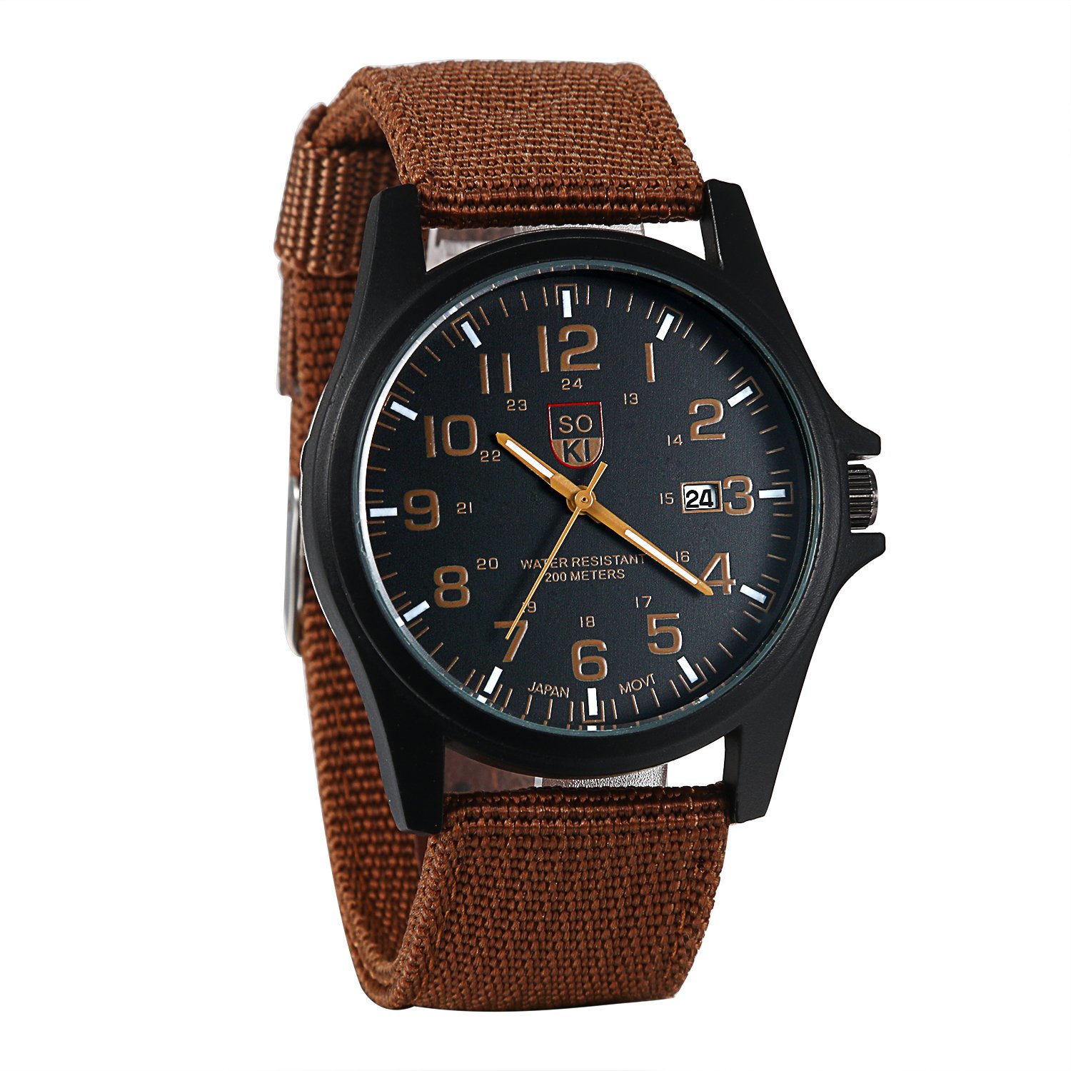 JewelryWe Men Army Date Sport Wrist Watch Analog Quartz Watches with Coffee Nylon Band