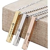 Personalized Birth Flower 3D Bar Necklace for Women Custom Engraved Name Necklace with Birth Month Flowers Minimalist Stainless Steel Jewelry Mother’s Day Gift for Her