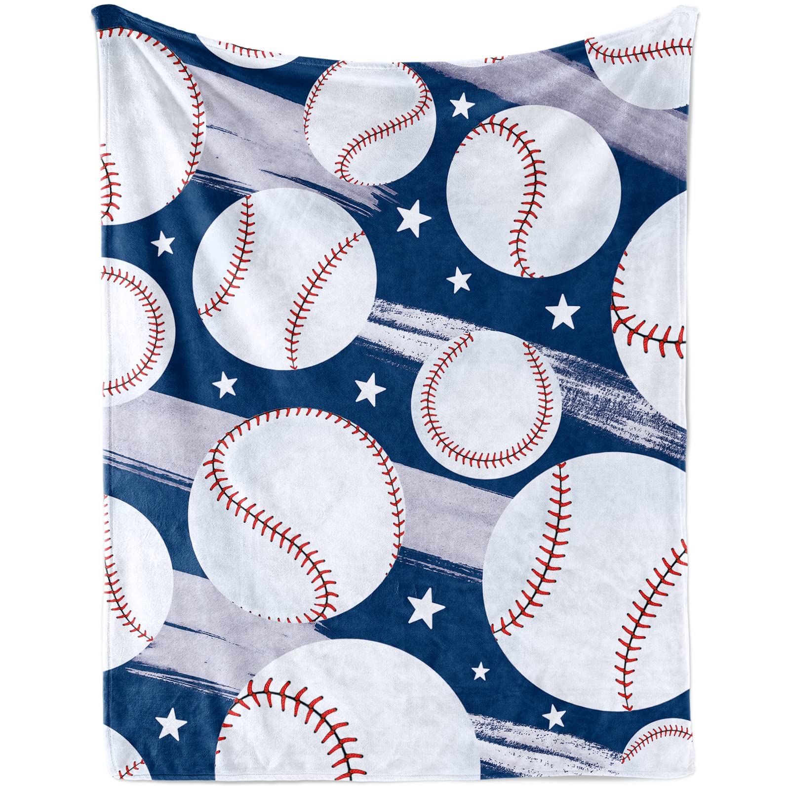 Baseball Throw Blanket Gifts for Boys, Blue Baseball Soft Cozy Plush Flannel Blanket for Kids Bedroom, 100 x 130 cm Baseball Sport Fleece Fluffy Blanket with Stars for Toddler Couch Bed Sofa Decor