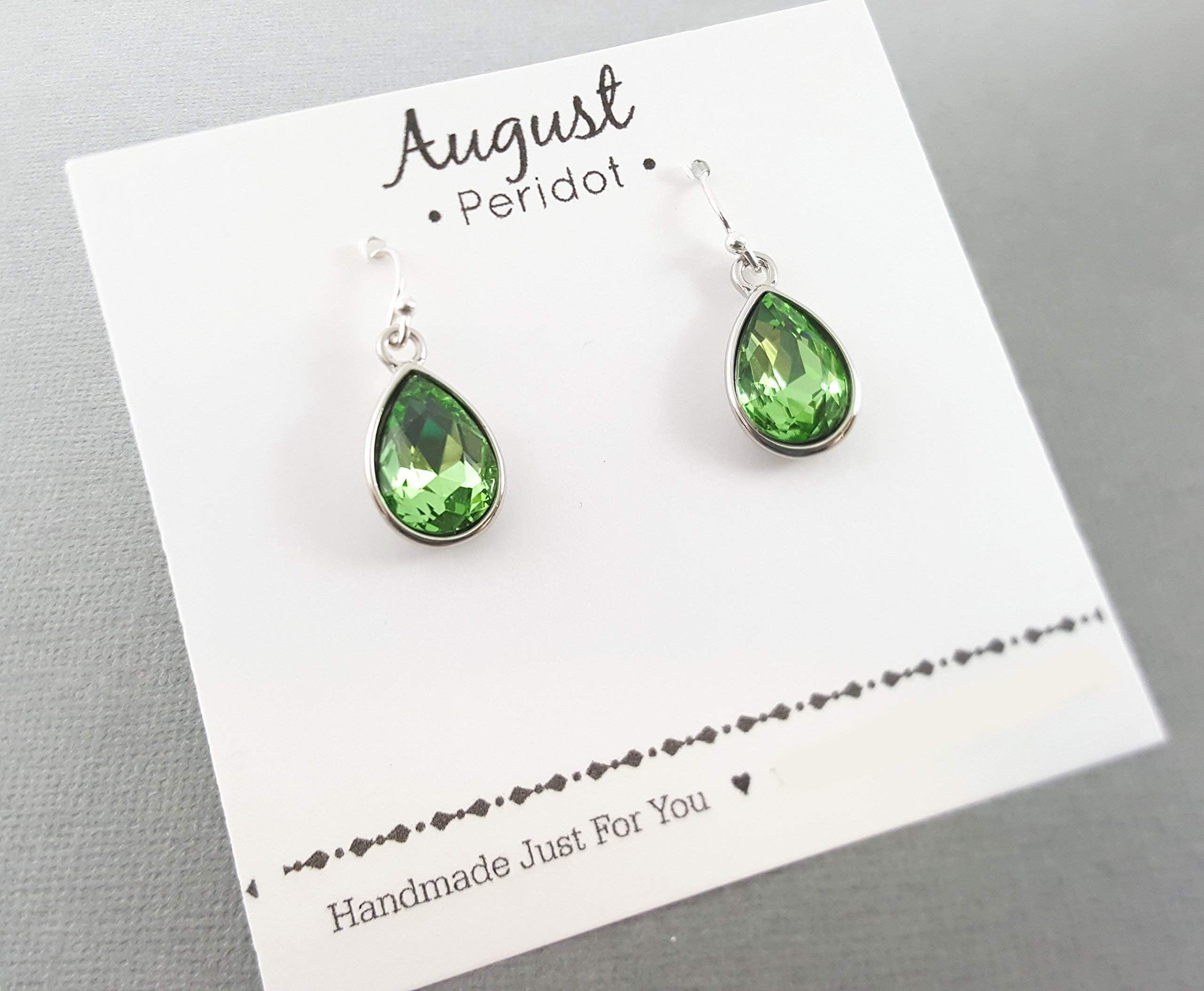 August Birthstone Earrings - Peridot Crystal Sterling Silver Teardrop Earrings