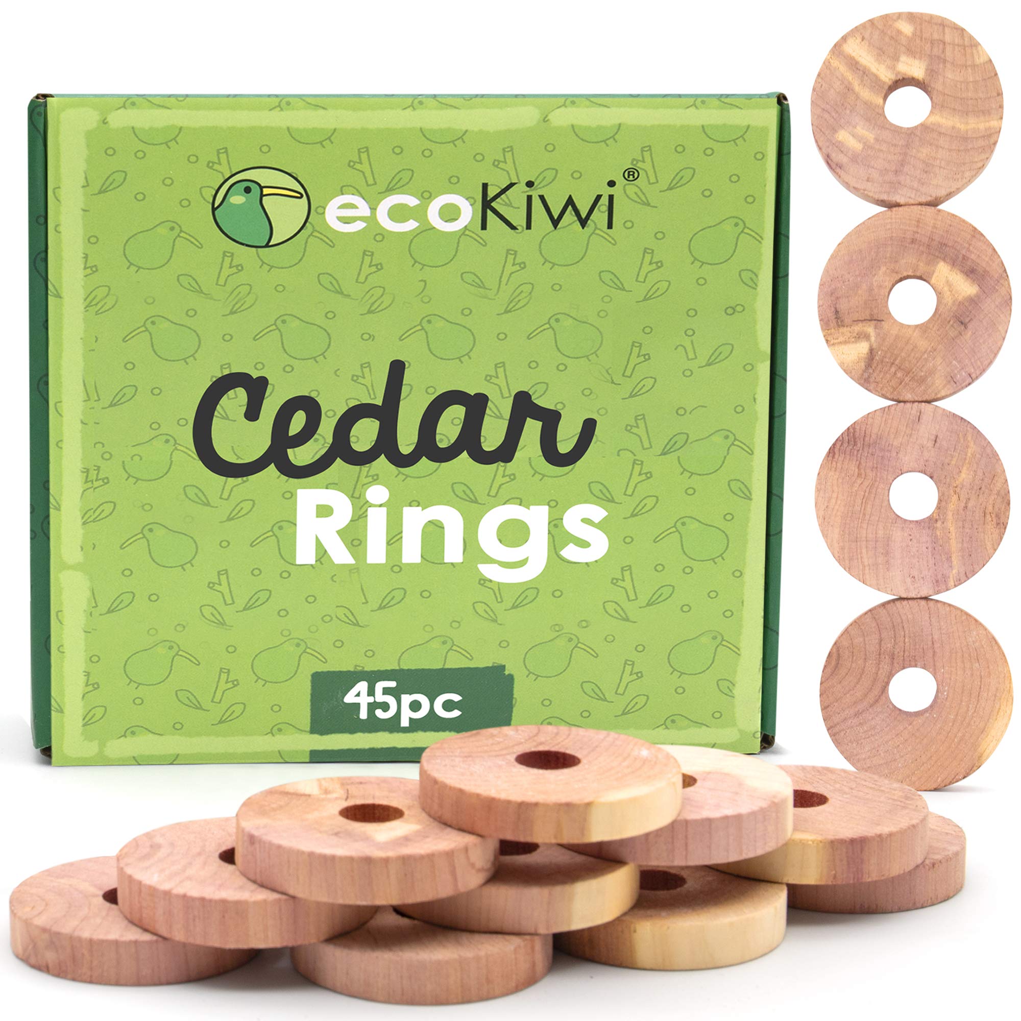 ecoKiwi Moth Repellent for Wardrobes Cedar Rings - 45 Pack - 100% Natural Cedar Balls - Anti Moth Products - Cedarwood Oil Moth Repellent for Rooms & Clothes - Moth Balls for Wardrobe with Sandpaper