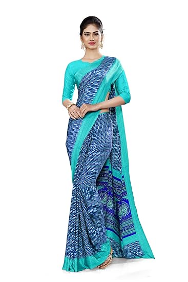 Uniform Sarees Corp Womens Italian Silk Crepe Institution Uniform Saree With Blouse (BlueSea;Green)