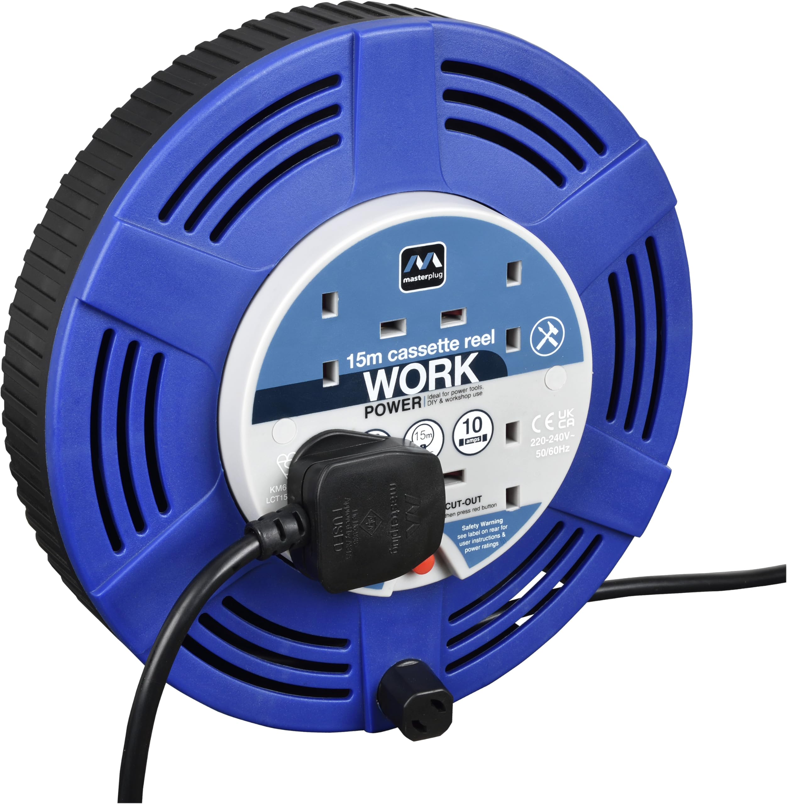 Masterplug Four Socket 15 Metre Cassette Reel, Large Extension Lead Cable Reel, Wind-Up Retractable Power Cord Reel, Thermal Cut Out, Work Power, Blue/Black, 10A, 4G, 15m, LCT1510/4BL