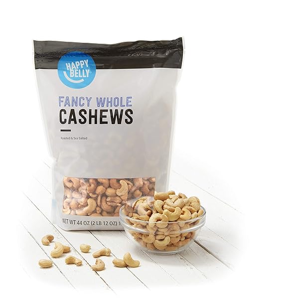 AMAZON BRAND – HAPPY BELLY FANCY WHOLE CASHEWS, ROASTED AND SEA SALTED, 44 OUNCE (PACK OF 1)