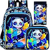 gxtvo 3PCS Panda Backpack for Boys, 16" Kids Bookbag with Lunch Box, Water Resistant Elementary Preschool Toddler School Bag