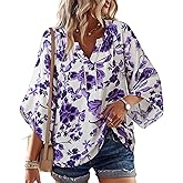 VALOLIA Womens Boho Tops 3/4 Sleeve V Neck Casual Loose Fit Blouses Shirt Bohemian Vacation Clothes