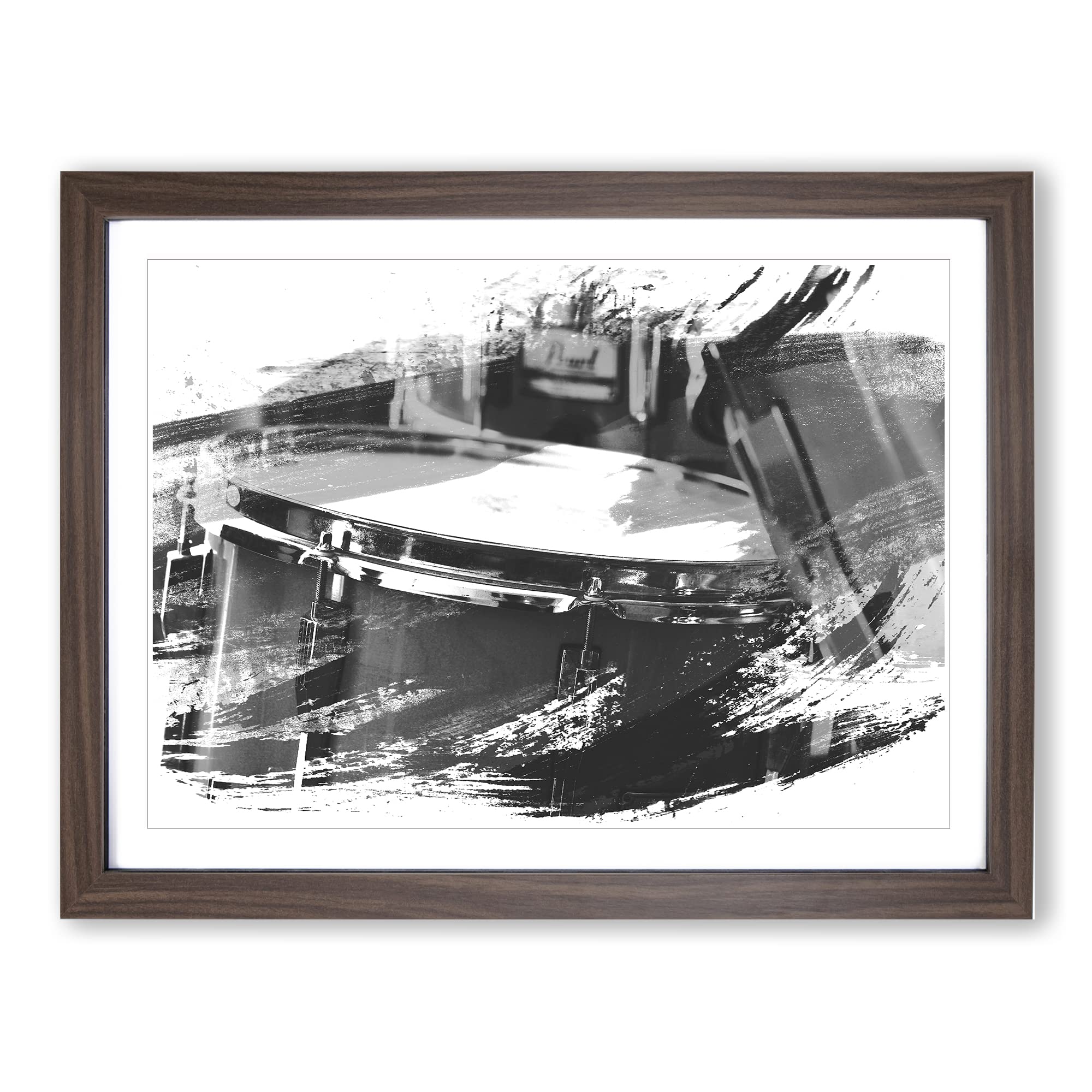 Drum Kit V1 Modern Framed Wall Art Print, Ready to Hang Picture for Living Room Bedroom Home Office Décor, Walnut A4 (34 x 25 cm)