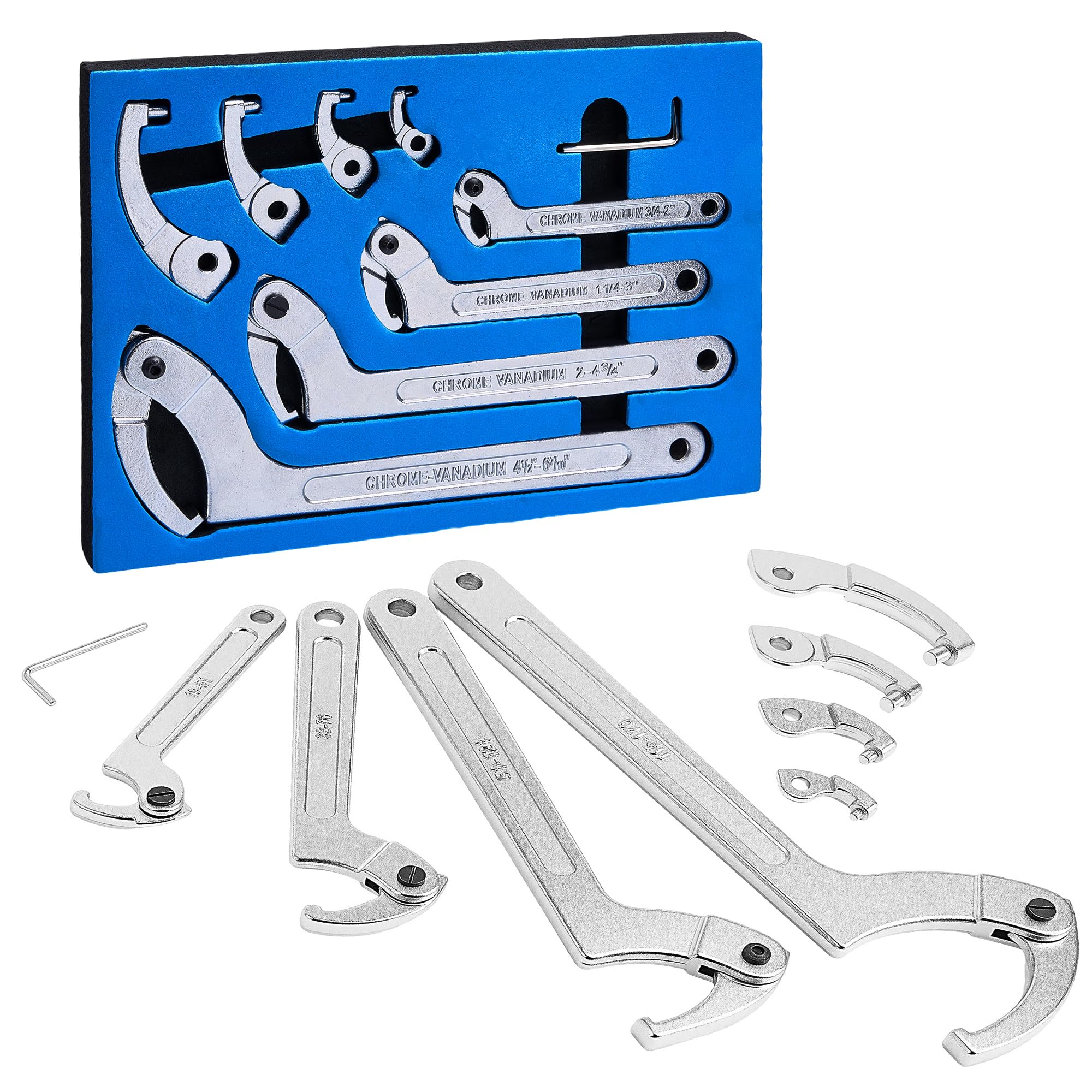 Photo 1 of KOOPOOL Adjustable Pin Spanner Wrench Set, 9pcs C Spanner Nut Wrench Tools with Changeable Round Heads, Coilover Hook Wrenches for Suspension System, Bearings, 3/4" to 6-7/10"