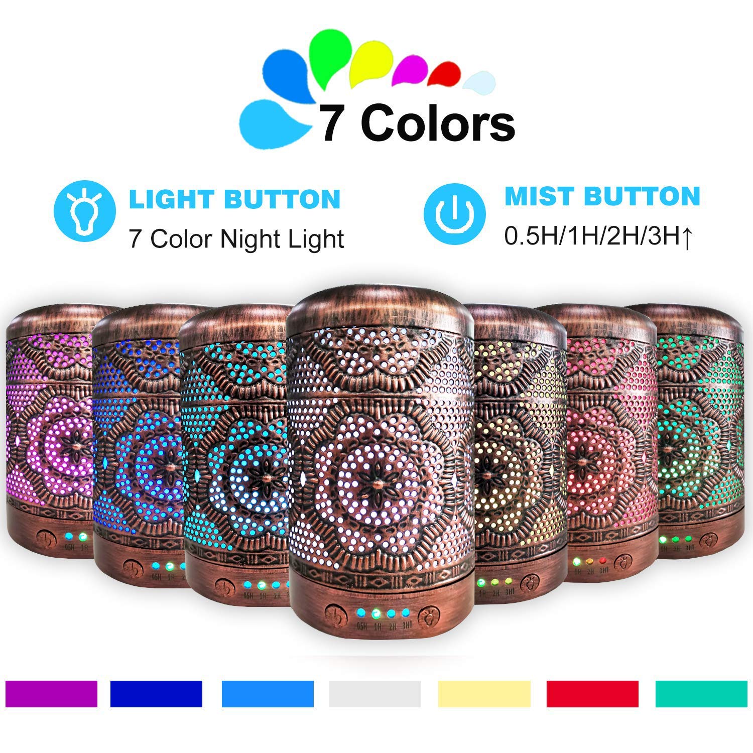 BAIESHIJI Essential Oil Diffuser, Metal Vintage Essential Oil Diffusers 100ML, Aromatherapy Diffuser with Waterless Auto Shut-Off Protection, 7 Color Changing Light, Cool Mist Humidifier : Beauty