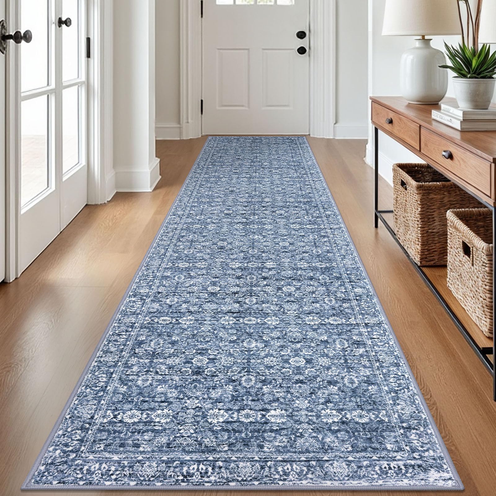 SIILOOM 2.6x12 Blue Washable Runner Rug for Kitchen, Soft Classic Runner with Non-Slip, Non-Shedding Distressed Floral Rug for Hallways Entryway Bedroom Bathroom Laundry Indoor Image SIILOOM 2.6x12 Blue Washable Runner Rug for Kitchen, Soft Classic Runner with Non-Slip, Non-Shedding Distressed Floral Rug for Hallways Entryway Bedroom Bathroom Laundry Indoor Image