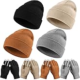 Tivi Tovo 8 Pieces Beanie and Touchscreen Gloves Set for Men Women Cuffed Knitted Winter Hat Skull Cap Fleece Lined Gloves