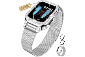 XYF Compatible for Apple Watch Band 45mm 44mm 41mm 40mm for Women with Bumper, Stainless Steel Mesh Magnetic Luxury Rhinestone Milanese Strap Dressy iWatch Loop Series 9 8 7 6/SE 5 4