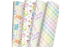 ZINTBIAL Easter Wrapping Paper for Kids Adults - Holiday Gift Wrap with Watercolor Easter Egg, Rabbit, Rainbow Plaid and Happy Easter Letters Designs - 20 x 29 Inches per Sheet (8 Sheets 33 sq. ft.)