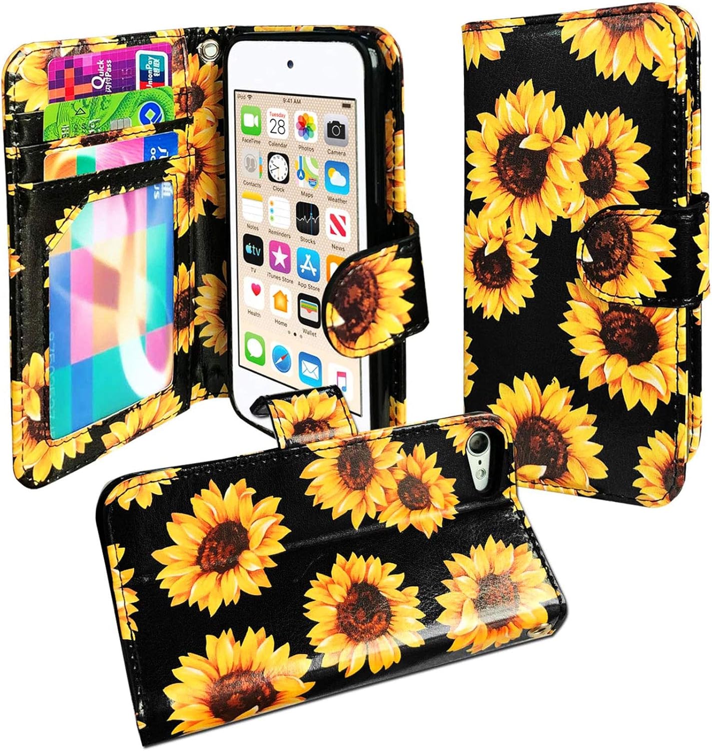 J.west iPod Touch 7th 6th 5th Generation Case, Sunflower iPod Touch Wallet case Magnetic Floral Faux Leather Flip Case Cover Heavy Duty Protection with 3 Cash Card Holder Kickstand and Wrist Strap