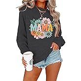 Ladicme Mama Sweatshirt for Women Mama Letter Print Long Sleeve Heart Graphic Sweatshirts Casual Crewneck Pullover Top