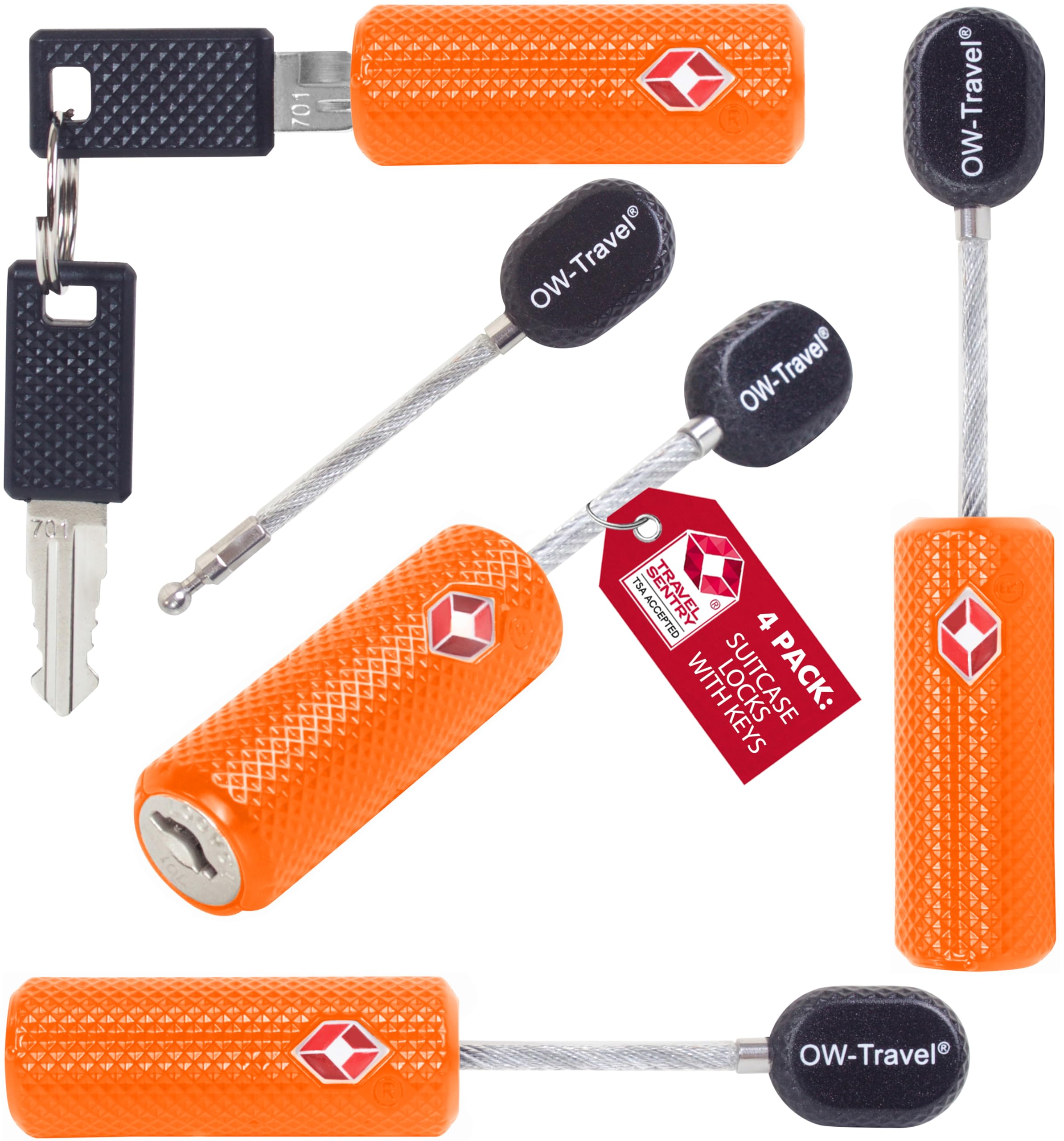 OW-Travel TSA Approved Luggage Locks Suitcase Locks with Keys (4 Pack Orange) Flexible Cable Travel Padlock Bag Small Padlock. Luggage Padlocks for Suitcases. Mini Wire TSA Suitcase Padlocks with Keys