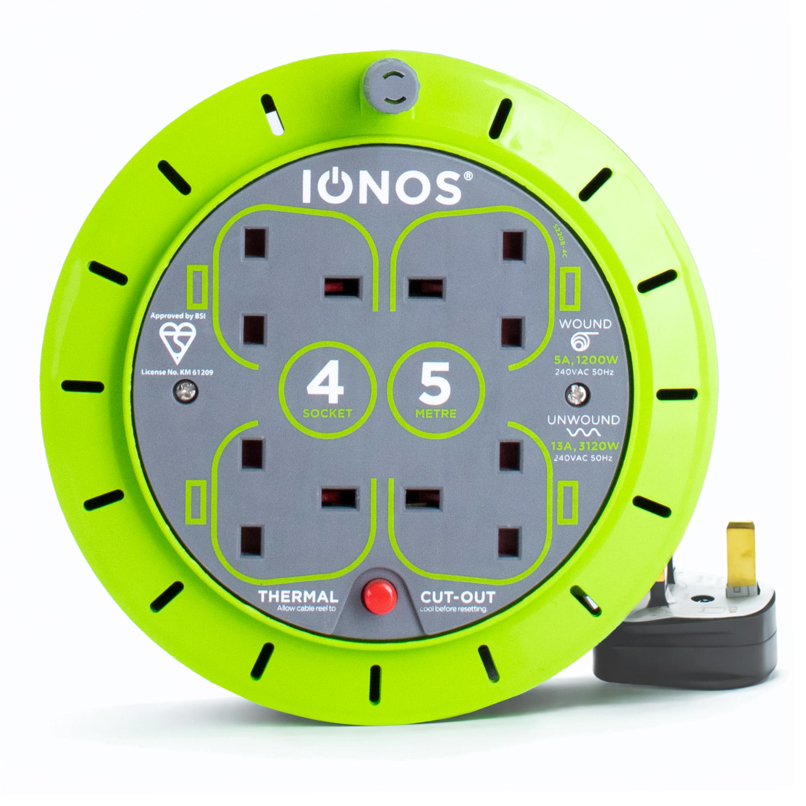IONOS 4 Socket Cable Reel, 5m, Green, 13 Amp, Thermal Cut Out, Heavy Duty, Outdoor Extension Lead, Ideal for DIY, Workshop, Garden, Home Use (ION5M13AACR6)