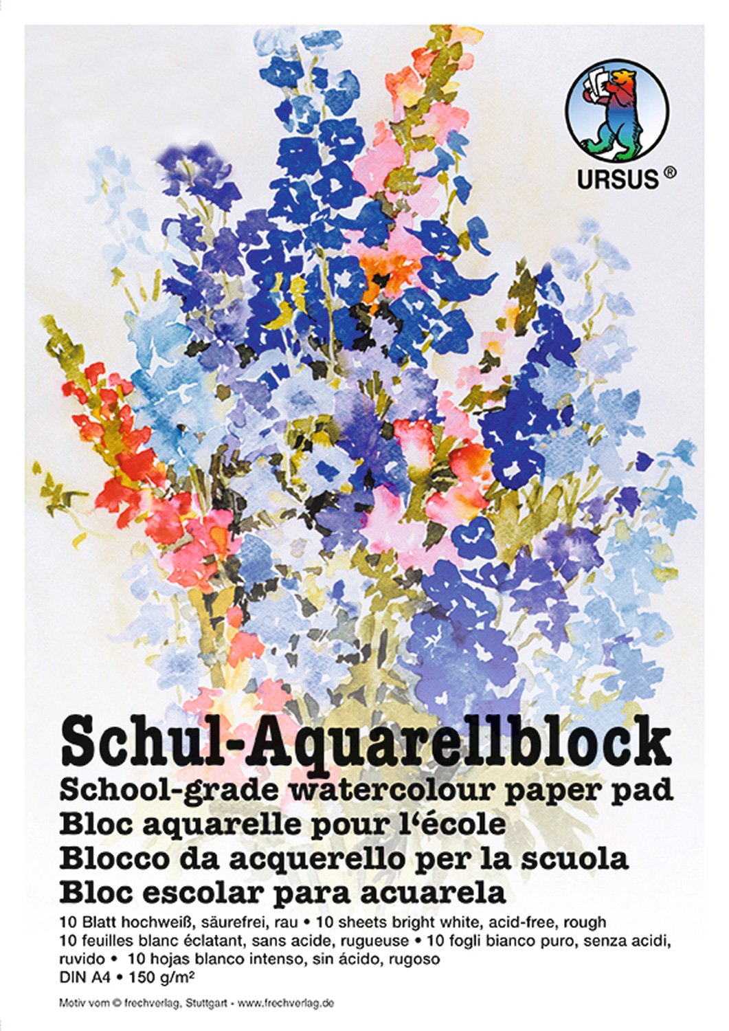 Ursus 7004600 Schul Watercolour Pad, Brilliant White, DIN A4, 150 g/m², 10 Sheets, Acid-Free, Glued on Three Sides, Ideal for School or Leisure