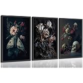ASEKBWL 3Pcs Gothic Poster Wall Art Dark Academy Moth Rose skull Horror Painting Picture Wall Decor Creepy Moody Halloween Canvas Print Artwork for Bathroom Living Room Study Home Decoration Unframed