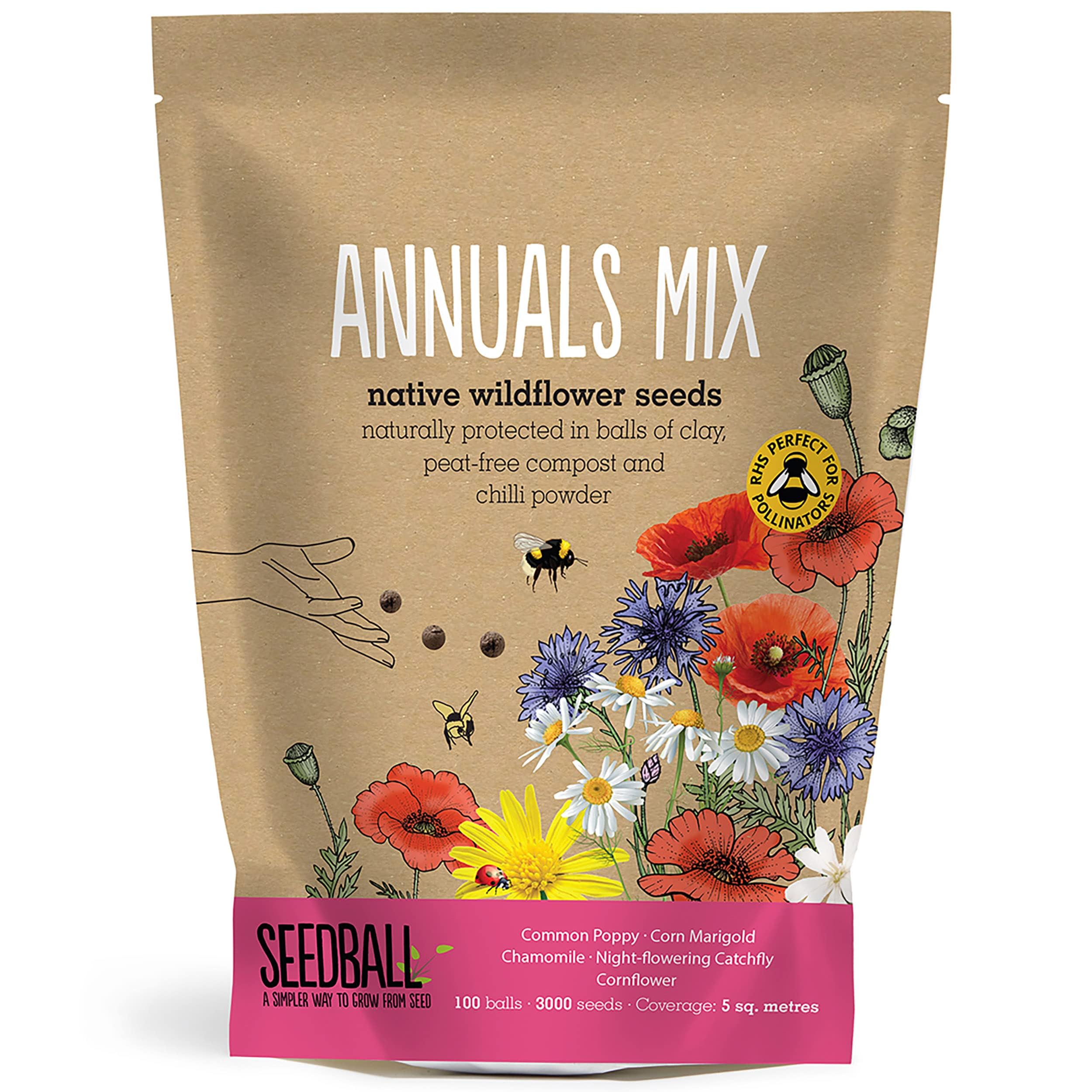 SEEDBALL - Annual Seed Mix, UK Native Wildflower Seeds, Seed Balls of Plants Outdoor Garden Ready, Gardening Gifts for Women, Easy Grow Flower Seeds, 100 Seed Balls