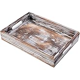 ExoLiry Rustic Whitewashed Wood Food Serving Tray Cutout Carrying Handles Breakfast in Bed Coffee Platter Table Wine Brown Rectangular Nesting Crate Desktop Document Holder Office Home Kitchen