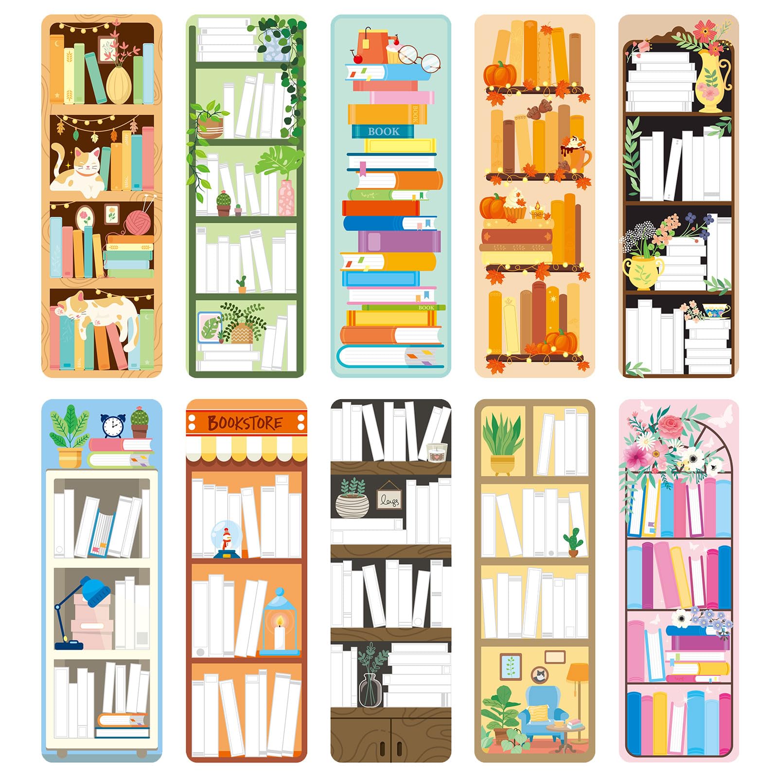 JSRQT 30 Pieces Bookshelf Design Paper Bookmarks Double-Sided Reading Page Markers for Book Lovers Gifts Tracker School Supplies Clips Mark
