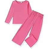 LKALPSQ Girls Autumn 2 Piece Outfits Ribbed Long Sleeve Tops and Wide Leg Pants Kids Set Tracksuit 4-7T