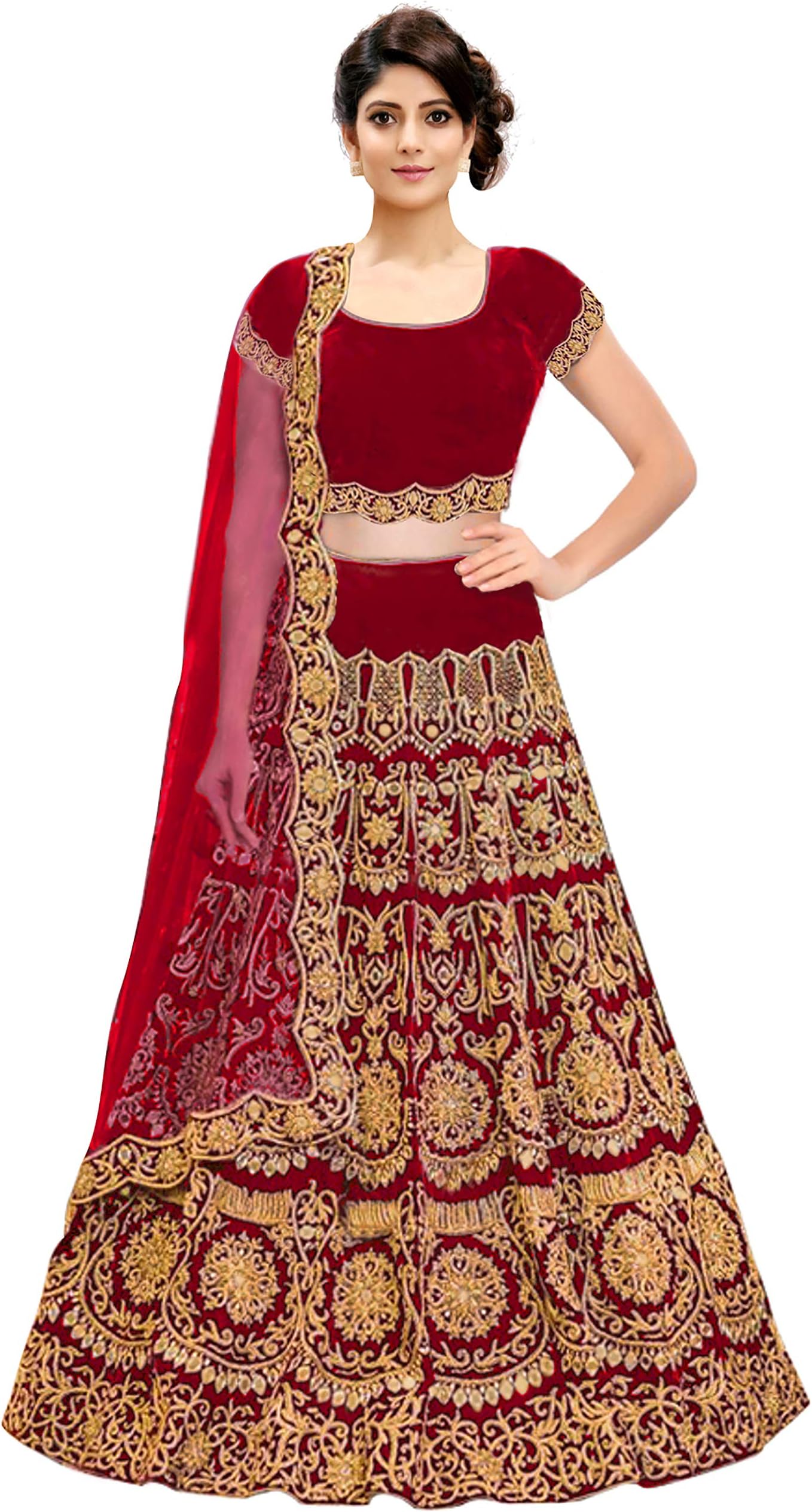 KEDARFAB Women's Bangalore Silk Semi-stitched Lehenga Choli (Red Bridal Lehenga_Red_Free Size)