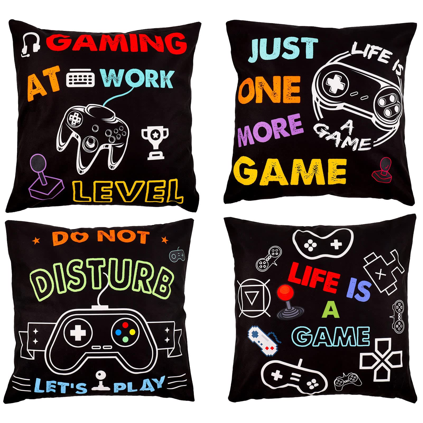 SOSPIRO 4 Pack Video Gaming Pillow Covers 45x45cm Gaming Cushion Cover Gamer Controller Pillow Cover Pillowcase Decorative for Teen Boy Video Game Themed Party Sofa Bedroom Home Decor