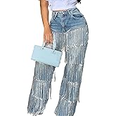NRTHYE Womens Glitter Fringe Baggy Jeans Causal High Waisted Straight Wide Leg Sparkly Tassel Denim Pants