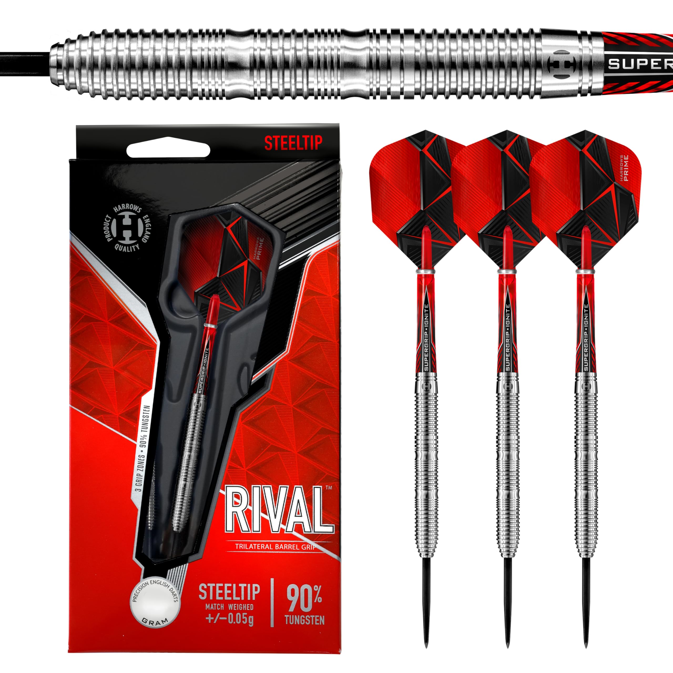Harrows Rival 90% Tungsten Barrel Steel Tip Darts Set 21g, 22g, 23g, 24g, 25g & 26g - Includes Trilateral Barrel Grip, Red Supergrip Ignite Midi Shafts & Micron Prime Flights (22g)