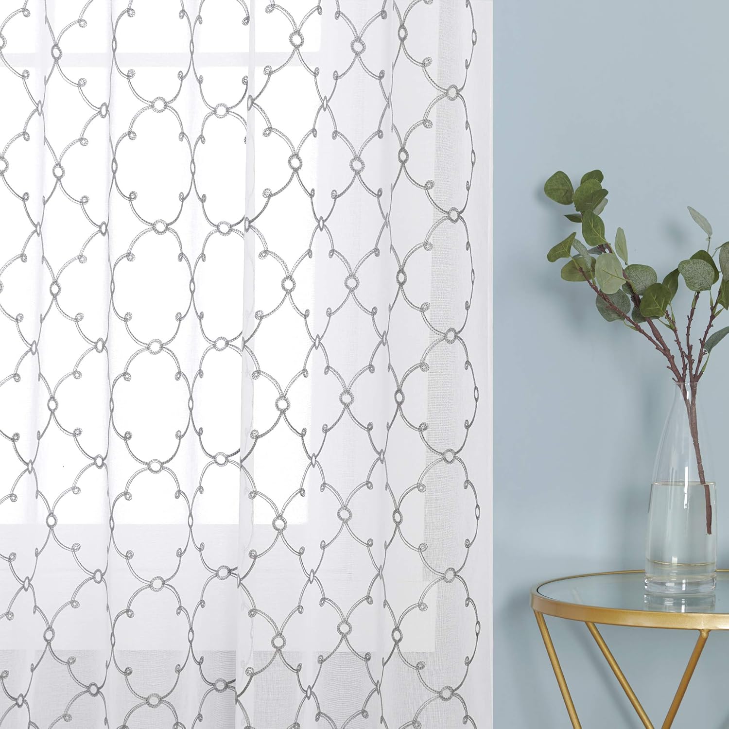 Deconovo Eyelet Diamond Embroidery Voile Curtains Decorative Net Curtains Semi Transparent Voile Net Curtains 55 x90 Drop Inch Grey Set of 2 - Image 5