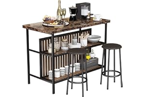 DKLGG Kitchen Island with Storage & 2 Stools, 3 Piece Dining Table Set, Space Saving Kitchen Island with 3 Shelves Kitchen Island with Bar Stools Counter Height Bar Table for Apartment, Brown