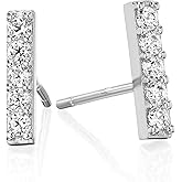 14K Solid Gold Cubic Zirconia Pave CZ Dainty Mini Bar Studs, Small Linear Bar Fine Jewelry Women's Stud Earrings