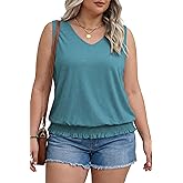 Eytino Plus Size Tops for Women Summer Sleeveless Casual Loose V Neck Smocked Bottom Shirts 2026 Fashion Tank (1X-5X)