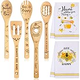 Minatee 7 Pcs Chicken Themed Gifts Set, Including 2 Pcs Kitchen Towels and 5 Wooden Spoons Rustic Bamboo Utensils Funny Gifts for Women Christmas Party Housewarming Anniversary(Bee)