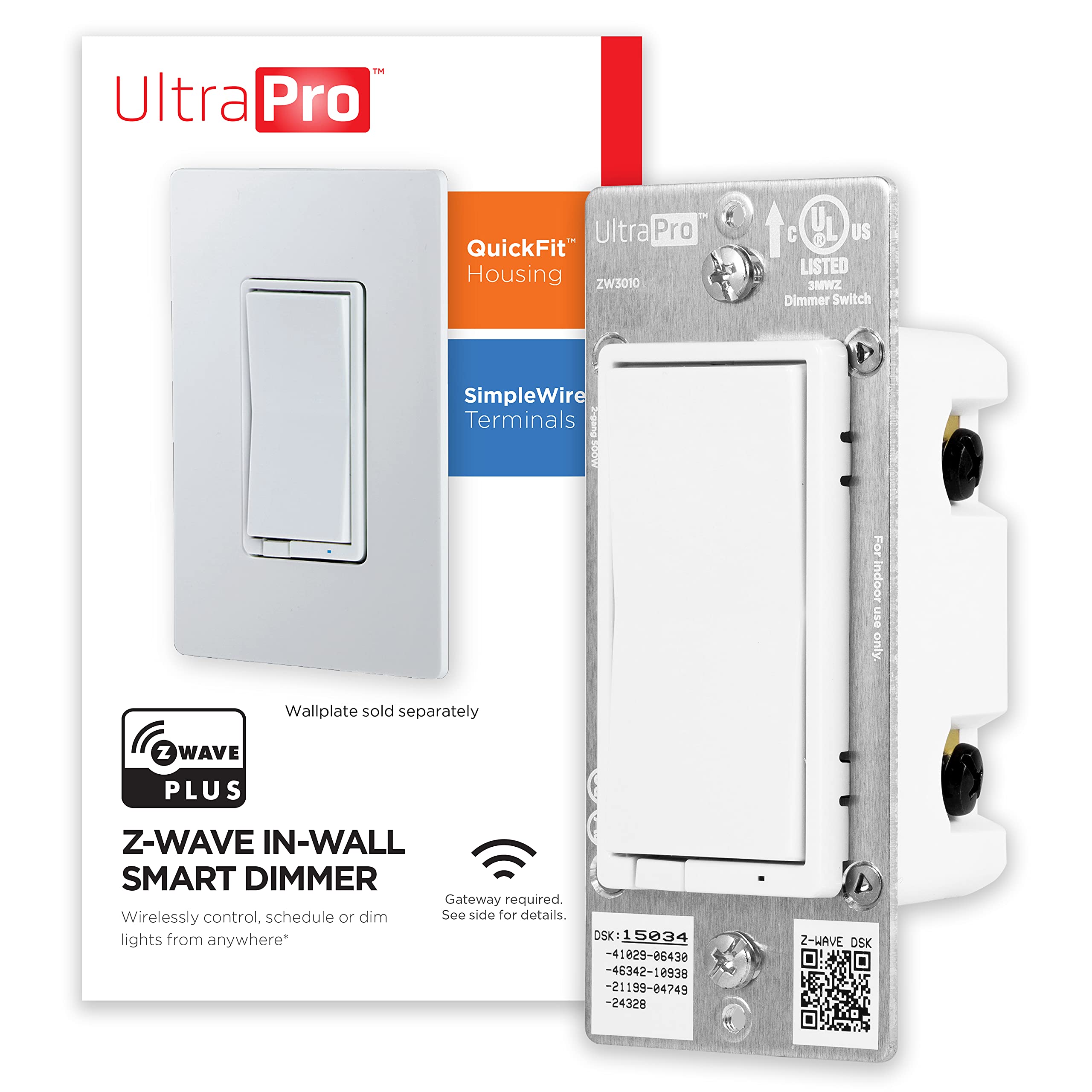 Photo 1 of UltraPro Z-Wave Smart Rocker Light Dimmer with QuickFit and SimpleWire, 3-Way Ready, Compatible with Alexa, Google Assistant, ZWave Hub Required, Repeater/Range Extender, White Paddle Only, 39351
