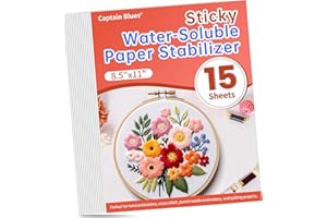 Captain Blues 15PCS 8.5"x11" Sticky Water Soluble Stabilizer for Embroidery - Medium Weight Wash Away Embroidery Stabilizer, Printable & Draw-Ready Patterns for Hand & Machine Embroidery