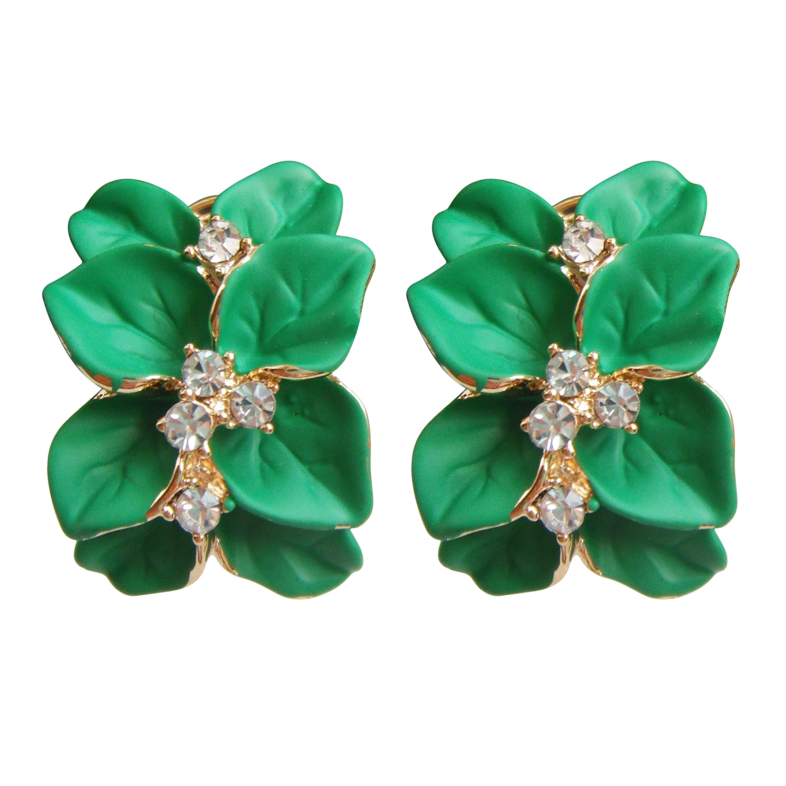 Navachi 18k Gold Plated Crystal Green Enamel Leaves Flower Az2864e Omega Earrings