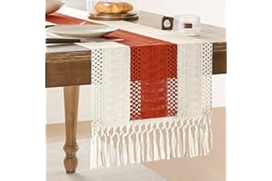 ZeeMart Macrame Style Bicolor Stitching Table Runner, 14 x 90 Inch Orange/Ivory, Boho Burnt Orange Fall Table Runners 90 Inches Long, Farmhouse Woven Fall Home Decor