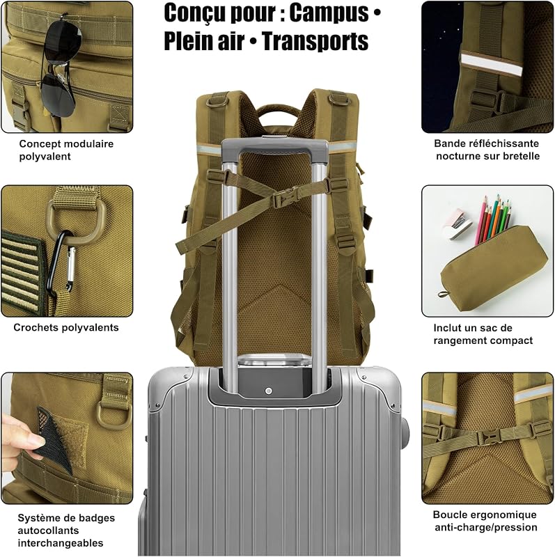 Cartable Garcon Scolaire Ado Fille Enfant, Grand Sac à dos Homme Femme 17,3" PC Sacs Scolaires pour Collège lycée Université et Voyage, 13 14 15 16 17 18 19 20 21 Ans, Kaki